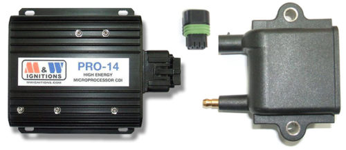 Electronic control unit CDI ignition system (left) and coil with associated connector (M&W Ignitions)